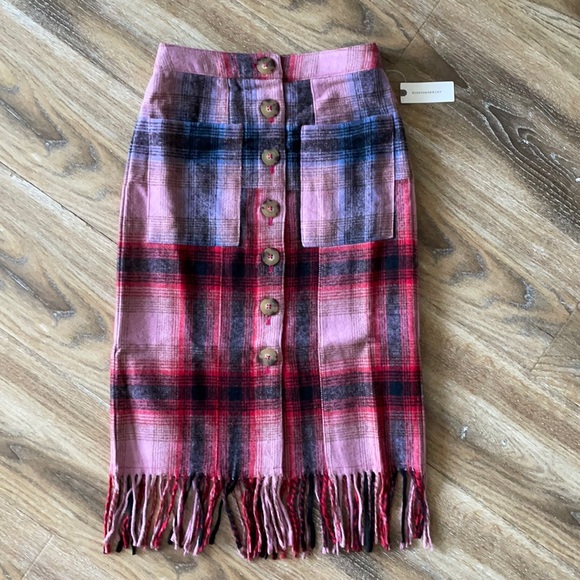Maeve Anthropologie Fringed Plaid Mini Skirt in Pink Combo NWT